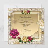 クリーム ゴールド ピンク レッド ローズ エレガント バースデー パーティー 招待状 (裏面)
