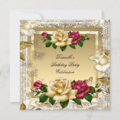クリーム ゴールド ピンク レッド ローズ エレガント バースデー パーティー 招待状 (正面)