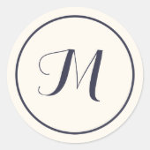 クリーム&ネイビーブルーカリグラフィーイニシャルモノグラム ラウンドシール (正面)