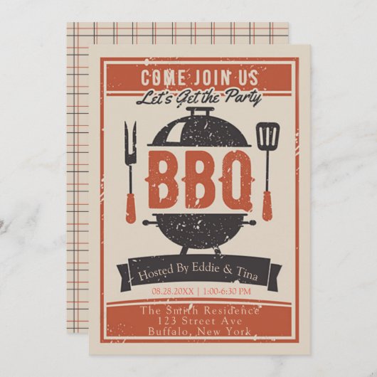 クリーム ネイビー オレンジ BBQ パーティー 招待状 (正面/裏面)