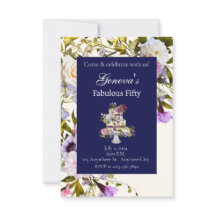 クリーム＆ネイビー フローラル ケーキ 誕生日招待状