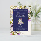 クリーム&ネイビー フローラル ケーキ 誕生日招待状 招待状 (スタンド正面)