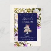 クリーム&ネイビー フローラル ケーキ 誕生日招待状 招待状 (正面/裏面)