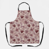 クリーム バーガンディ 赤いハートの花 エプロン (正面)