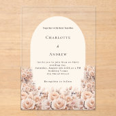 クリーム ピーチ ローズ ゴールド フローラル アーチ ウェディング アクリル招待状 (正面)