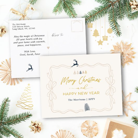 クリーム:フェスティバルボウ&ツリードードルズホリデーポストカード シーズンポストカード