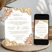 クリーム フローラル ゴールド レース QR コード ムスリム ウェディング 招待状