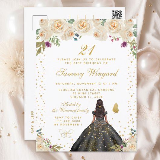 クリーム フローラル ダークスキン プリンセス バースデーパーティー ポストカード