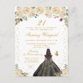 クリーム フローラル ダーク スキン プリンセス バースデー パーティー ポストカード (正面)