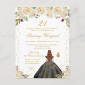 クリーム フローラル ブラウン ヘア プリンセス バースデー パーティー ポストカード (正面)