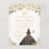 クリーム フローラル ブルネット ヘア プリンセス バースデー パーティー ポストカード (正面)