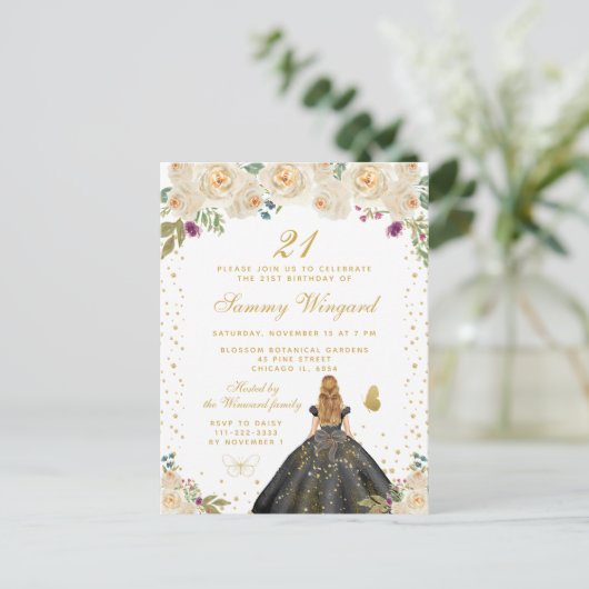 クリーム フローラル ブロンド ヘア プリンセス バースデー パーティー ポストカード (スタンド正面)