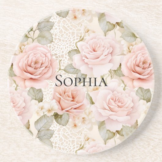 クリーム ブラッシュ ピンク ローズ フローラル コースター (正面)