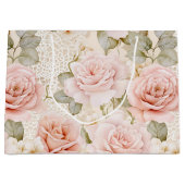 クリーム ブラッシュ ピンク ローズ 花の花嫁のシャワー ラージペーパーバッグ (正面)