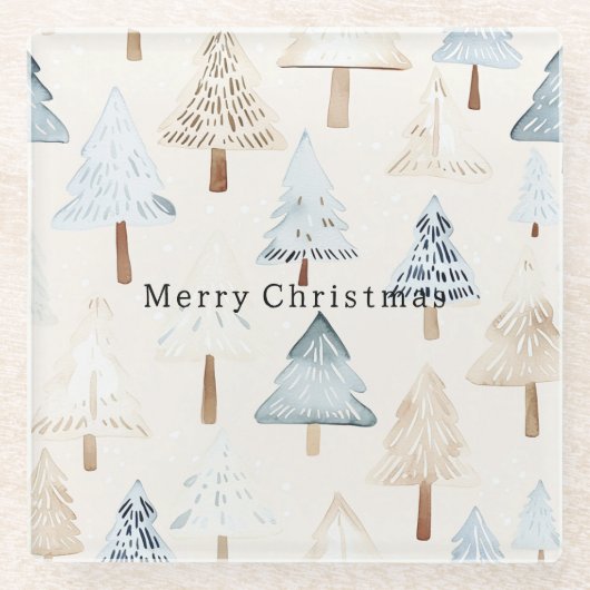 クリーム ベージュ ブルー クリスマスツリー ガラスコースター (正面)