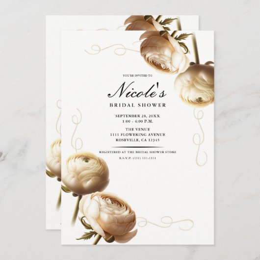 クリーム&ホワイトランヌカルスフローラブライダルシャワー 招待状 (正面/裏面)