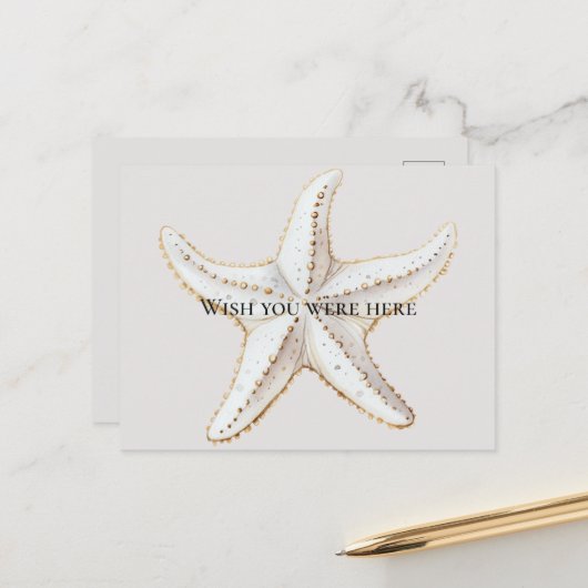 クリーム ホワイト ゴールド スターフィッシュ ビーチ ポストカード (正面/裏面インサイチュ)