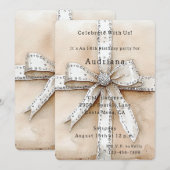 クリーム ホワイト シルバー グリッター グラム ボー 誕生日 招待状 (正面/裏面)