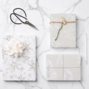 クリーム ホワイト 冬の雪の結晶 ツリー クリスマス ラッピングペーパーシート