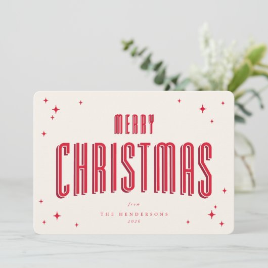 クリーム+レッドメリークリスマスレトロスターズフラットフォト シーズンカード (スタンド正面)