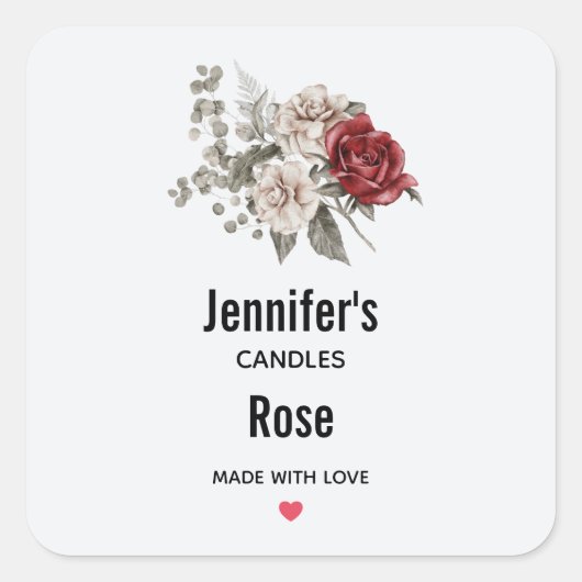 クリーム&レッドローズフラワーブーケ – Candle Business スクエアシール (正面)