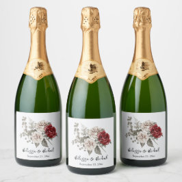 クリーム&レッドローズボホフラワーブーケ結婚ーズ スパークリングワインラベル