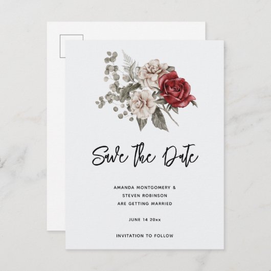 クリーム&レッドローズボホフラワーブーケ インビテーションポストカード (正面/裏面)