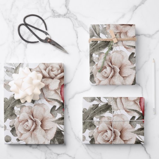 クリーム&レッドローズボホフラワーブーケ ラッピングペーパーシート (正面)