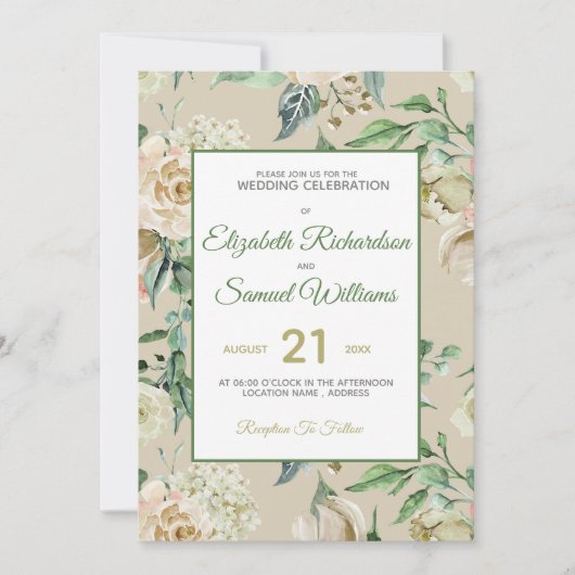 クリーム ローズ バッド ハイドランジア ウォーターカラー クラシック 招待状 (正面)