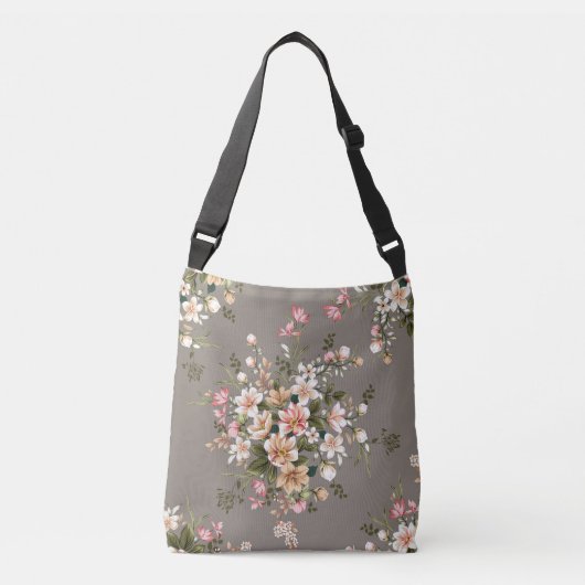 クリーム、灰色の上にピンクの花。 クロスボディバッグ (正面)
