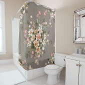 クリーム、灰色の上にピンクの花。 シャワーカーテン (インサイチュ)
