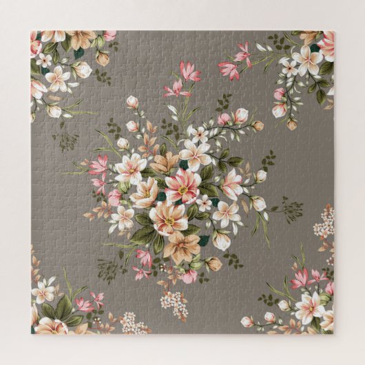 クリーム、灰色の上にピンクの花。 ジグソーパズル (縦)