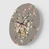 クリーム、灰色の上にピンクの花。 ラージ壁時計 (傾斜)