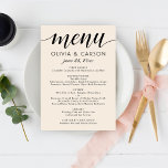 クリーモダンムとブラックのスクリプ結婚トのモノグラム メニュー<br><div class="desc">シックでニュートラルモダンなクリーミーで暖かい白と黒のカー結婚ドスタイリッシュは、書のスクリプトアクセントとエレガント文字の黒いタイポグラフィデザインを備え、おいしいディナーメニューの詳細と新郎新婦の名前と日付のモノグラムを持つことができる。</div>