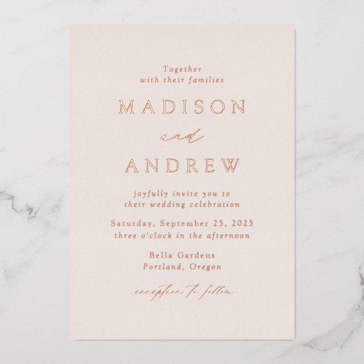 クリーモダンムエレガントとバラの金ゴールド結婚ズ 箔招待状 (正面)