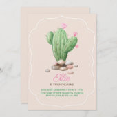クリーモダンムベージュサボテン誕生パーティー 招待状 (正面/裏面)