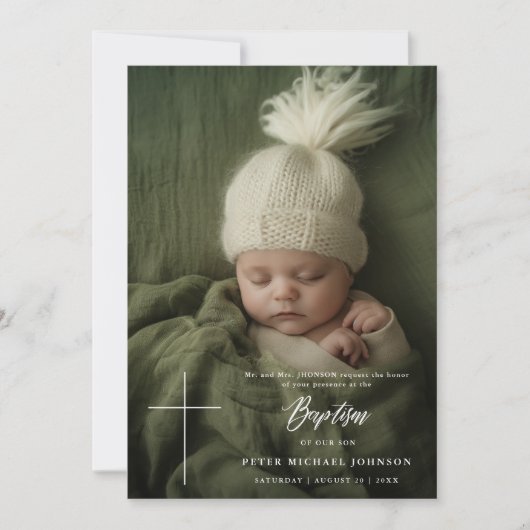 クリーモダンムホワイトスクリプトボーイガールフォトバプテスマ 招待状 (正面)