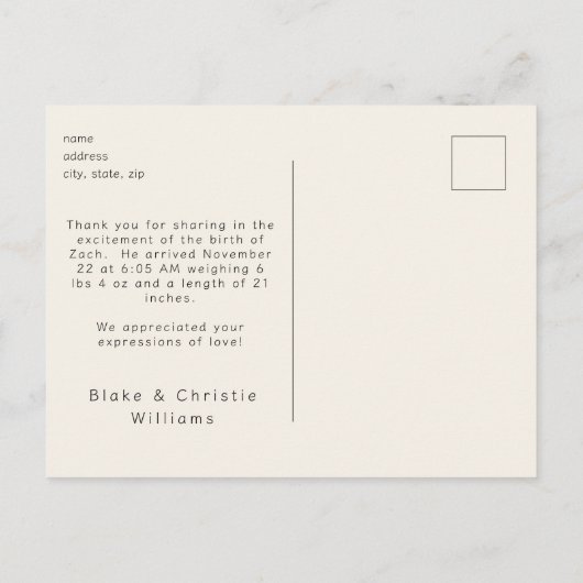 クリーモダンム新生児ありがとう写真はがき ポストカード (裏面)