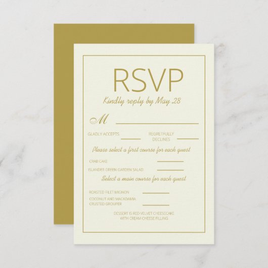 クリーモダンム金ゴールドウェディングRSVPバーチカルミール 出欠カード (正面/裏面)