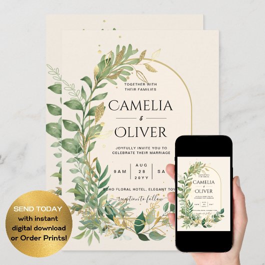 クリーモダンム金ゴールドグリーンリー結婚植物園 招待状