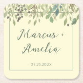 クリーモダンム&ユーカリ結婚ス スクエアペーパーコースター (正面)