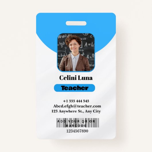 クリーンなラインとクラス:ミニマルなブルー先生ID バッジ (正面)