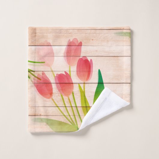 クリーンな木材の背景に赤いチューリップ バスタオルセット (ウォッシュタオル)