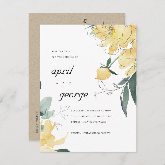 クリーンな黄色の緑のフローラは日付カードを保存 案内ポストカード (正面/裏面)