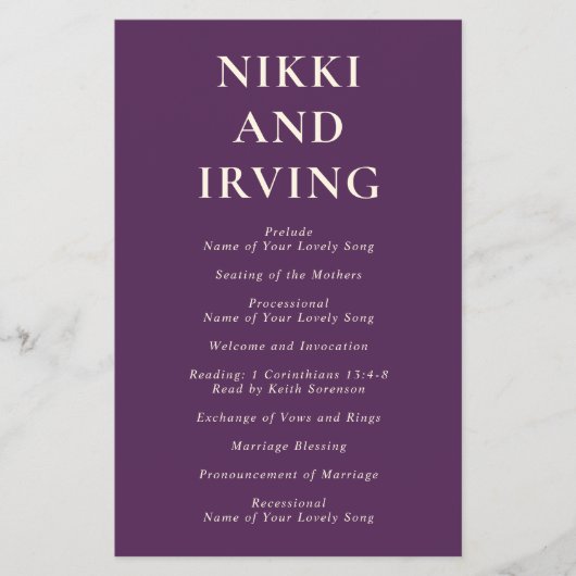 クリーンはっきりしたフォントパープルバジェット結婚式 プログラム チラシ (正面)
