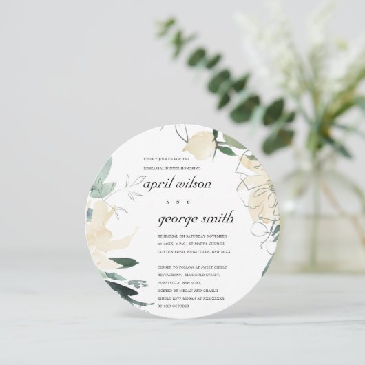 クリーンアイボリーグリーンフローラリハーサルディナー招待状 サンキューカード (スタンド正面)