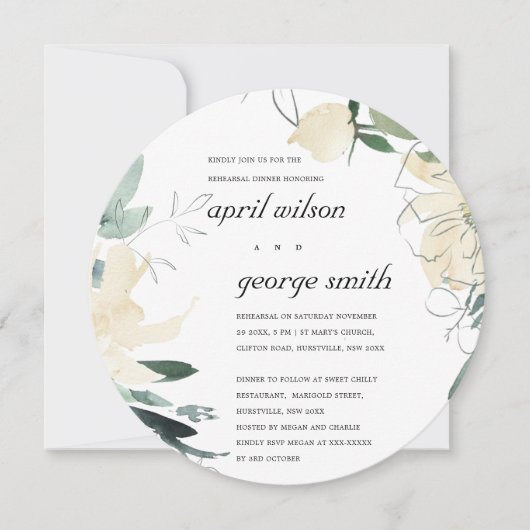 クリーンアイボリーグリーンフローラリハーサルディナー招待状 サンキューカード (正面)