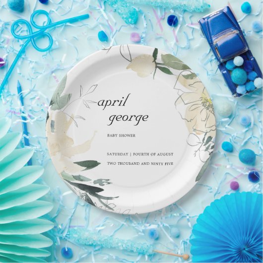 クリーンアイボリーグリーンフローラワテカラーベビーシャワー ペーパープレート (パーティー)
