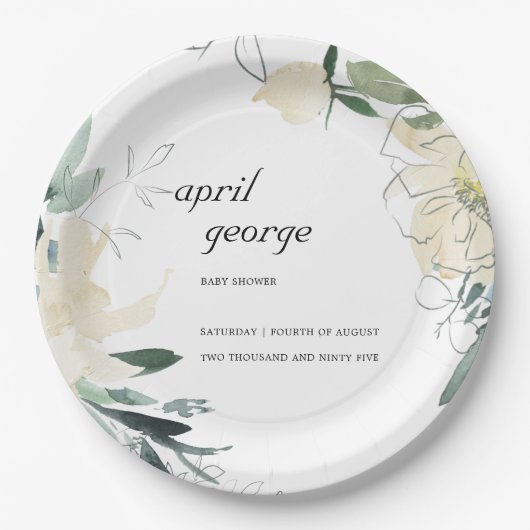 クリーンアイボリーグリーンフローラワテカラーベビーシャワー ペーパープレート (正面)