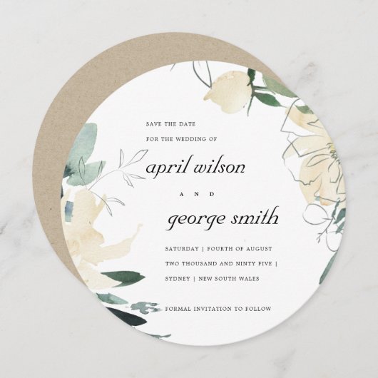 クリーンアイボリー白い緑のフローラ日付カードを保存 サンキューカード (正面/裏面)